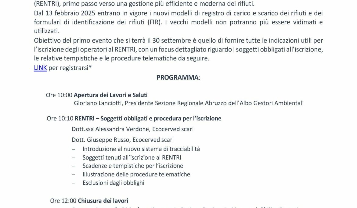 Nuovo sistema di tracciabilità dei rifiuti – RENTRI – 30 settembre 2024